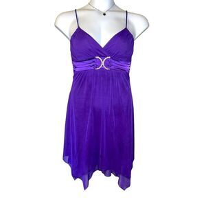 Deb Purple Babydoll Handkerchief Hem Princess Dress with Rhinestone Belt Medium
